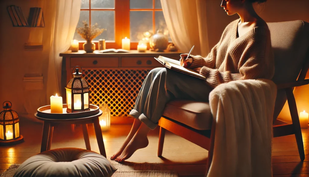 "A peaceful indoor scene where a person is journaling as a calming activity, creating a cozy and relaxing environment."