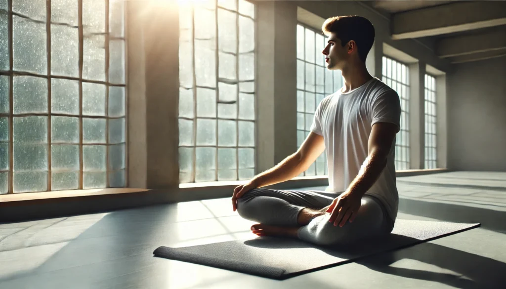 "A person practicing yoga in a peaceful indoor setting with soft sunlight filtering through large windows, showcasing yoga as a mindful coping strategy for anxiety and depression."