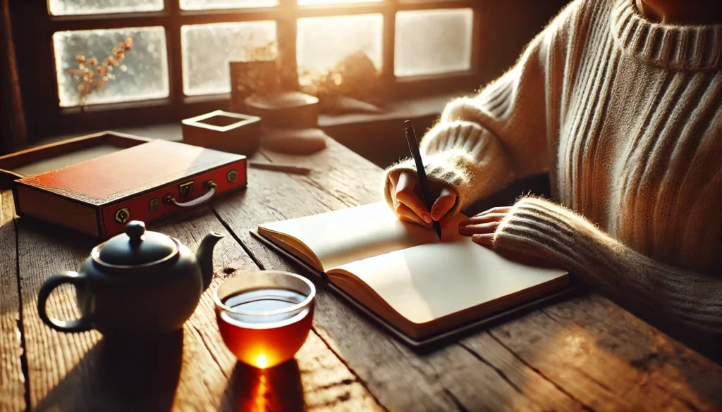 "A cozy scene of a person journaling at a wooden desk by a window, reflecting on their thoughts with a cup of tea nearby, illustrating journaling as a method for emotional processing and coping with anxiety and depression."