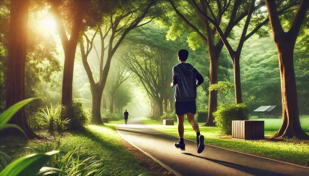 "A person jogging along a scenic park trail surrounded by lush greenery, emphasizing exercise as an effective coping skill for anxiety and depression."

