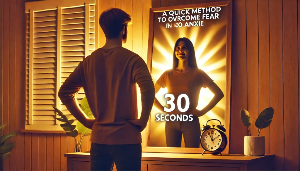 "A person standing confidently in front of a mirror, looking at themselves with a reassuring expression, symbolizing the use of positive affirmations to overcome fear and anxiety in 30 seconds."