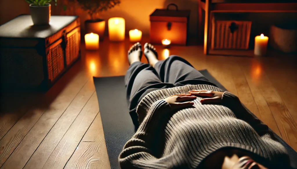 "A person relaxing in a dimly lit room, lying down on a yoga mat with their hands resting on their abdomen, practicing mindful breathing with soft candlelight, creating a tranquil environment that helps reduce adrenaline anxiety."