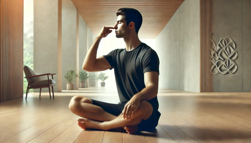 "A person practicing alternate nostril breathing in a serene indoor setting, sitting comfortably with a straight posture, closing one nostril while inhaling through the other, emphasizing the benefits of alternate nostril breathing for adrenaline anxiety reduction."