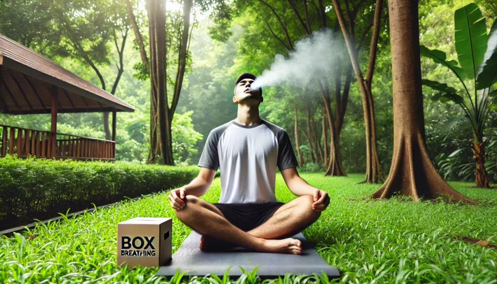 "A person practicing box breathing outdoors, sitting cross-legged on a yoga mat in a quiet park, surrounded by lush greenery, illustrating the effectiveness of box breathing to reduce adrenaline anxiety."