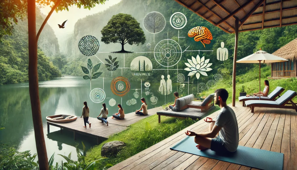 "A serene wellness retreat with people practicing mindfulness and meditation in nature, highlighting holistic approaches to solving mental health care challenges through lifestyle and mindfulness practices."