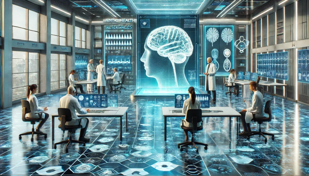 "A futuristic mental health research facility with scientists analyzing digital brain scans and discussing mental health treatment advancements, showcasing innovation in solving mental health care challenges."