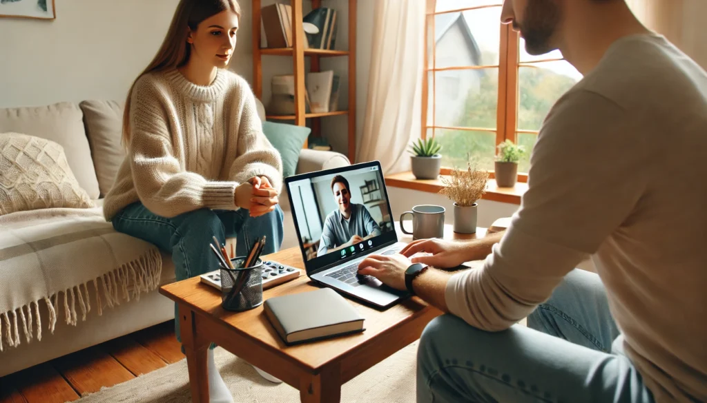 "A therapist conducting an online teletherapy session with a patient on a laptop in a cozy home setting, illustrating how teletherapy helps solve mental health care accessibility challenges."