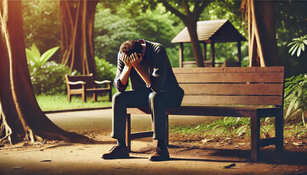 "A person sitting alone on a park bench, struggling with an anxiety attack, holding their head in their hands while trying to calm down, with peaceful surroundings contrasting with their inner turmoil, depicting the reality of managing an anxiety attack in public."