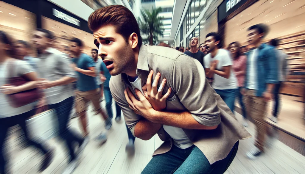 "A man having an anxiety attack in a busy shopping mall, leaning against a wall while trying to catch his breath, looking tense and overwhelmed by the noise and crowd, illustrating the difficulty of dealing with an anxiety attack in public spaces."