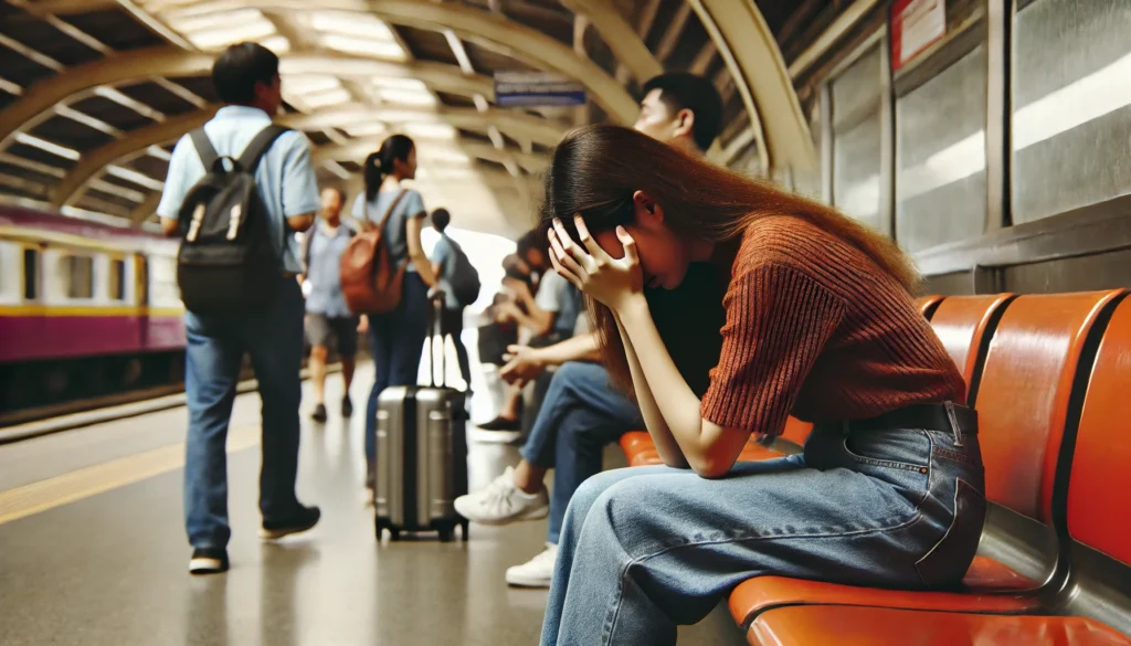 "A young woman experiencing an anxiety attack in a public transport station, sitting on a bench with her head in her hands, appearing overwhelmed while people around her continue their daily commute, capturing the challenge of managing anxiety attacks in public spaces."