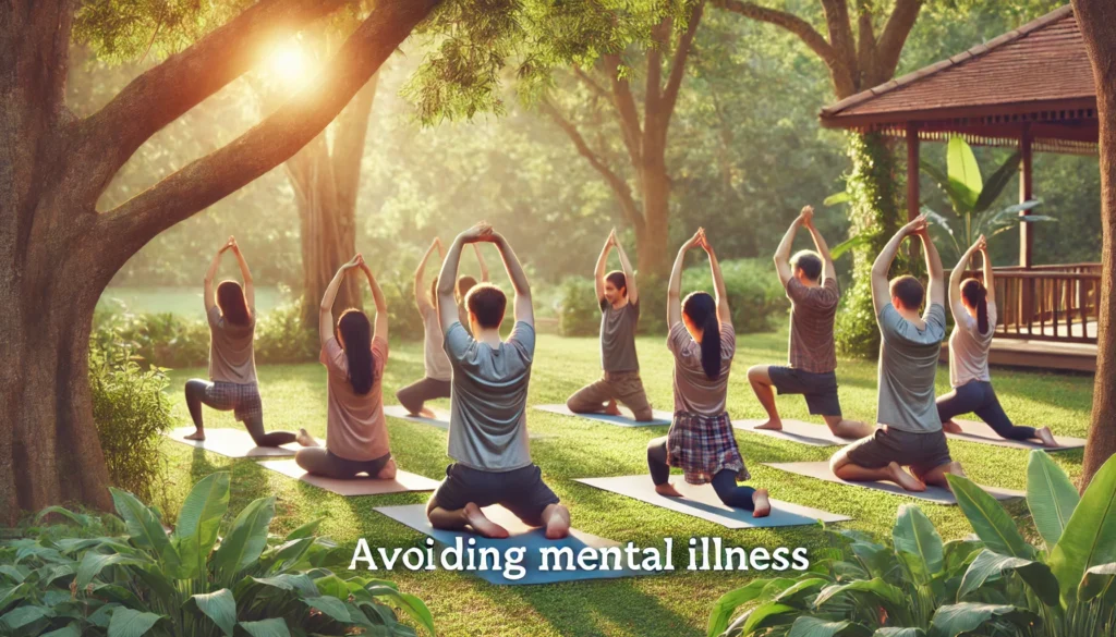 A group of people practicing yoga together in a peaceful outdoor setting, stretching and meditating in unison. The scene is filled with warm sunlight, soft greenery, and a tranquil atmosphere. This represents avoiding mental illness through physical movement, mindfulness, and community support.