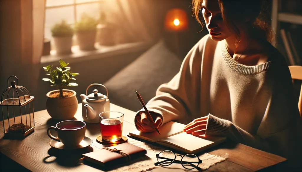 A person sitting at a cozy desk, writing in a journal with a focused and reflective expression. A cup of tea and a small plant sit nearby, creating a calming atmosphere. The lighting is warm and inviting, emphasizing relaxation and self-care. This scene represents avoiding mental illness through journaling and self-reflection.