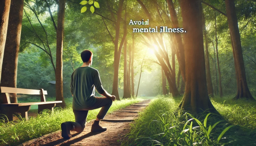 A person engaging in a peaceful nature walk along a forest trail, practicing mindfulness. The individual is walking slowly, focusing on their breath and surroundings, appreciating the beauty of nature. Sunlight filters through the trees, and the atmosphere is serene and relaxing. This represents avoiding mental illness through mindfulness and staying connected to nature.