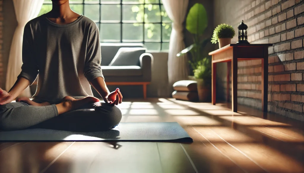 A person sitting on a yoga mat in a peaceful indoor space, practicing meditation to relax their heart. Soft natural lighting, a minimalist setting, and a calming atmosphere enhance the tranquility.