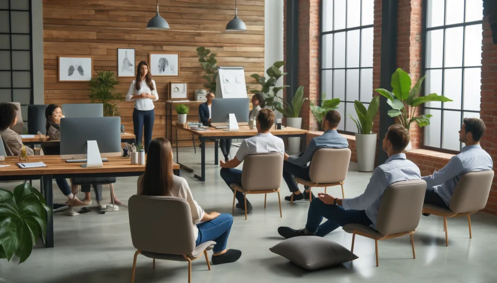 A calm and peaceful office environment where employees are practicing stress management techniques as part of a corporate wellness program.