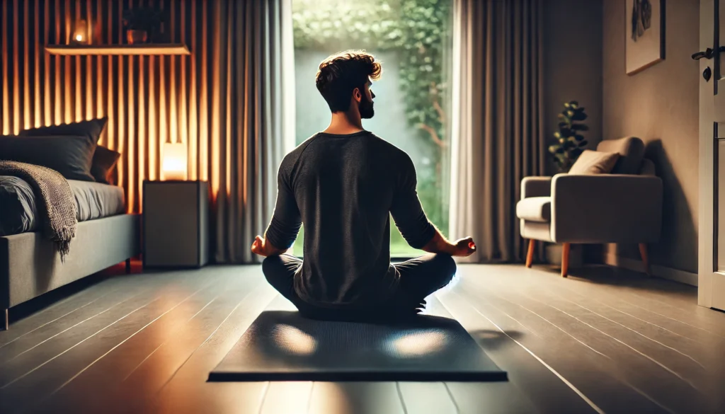 A person engaging in a mindfulness meditation session indoors, sitting cross-legged on a yoga mat with closed eyes, embracing awareness as the first step in managing stress. The room is serene with dim lighting and soft decor.