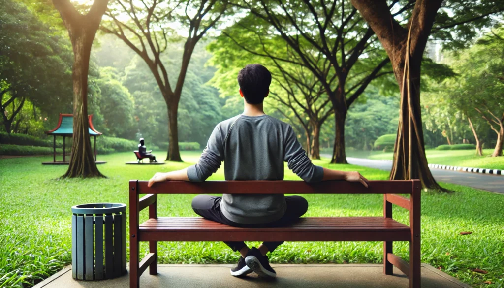 A person practicing deep breathing exercises in a peaceful park, sitting on a bench with eyes closed, focusing on relaxation as the first step in managing stress. The setting is tranquil with lush greenery and a soft breeze.