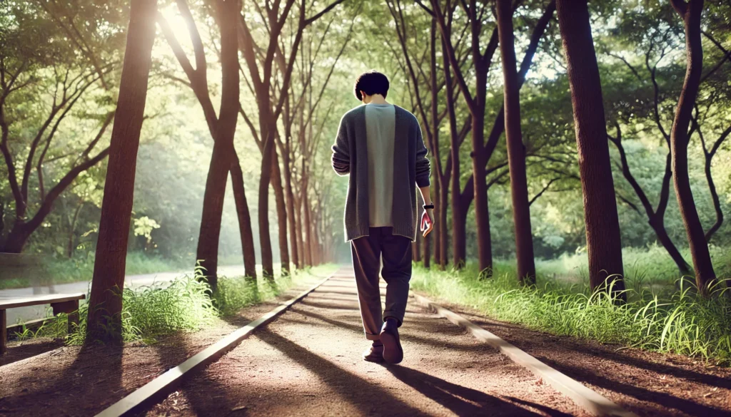 A person walking slowly along a peaceful nature trail, focusing on each step to calm down from an anxiety attack. The individual is dressed comfortably, their posture relaxed, and they are taking deep breaths. The trail is lined with tall trees, gentle sunlight filtering through the leaves, and a serene, calming atmosphere.