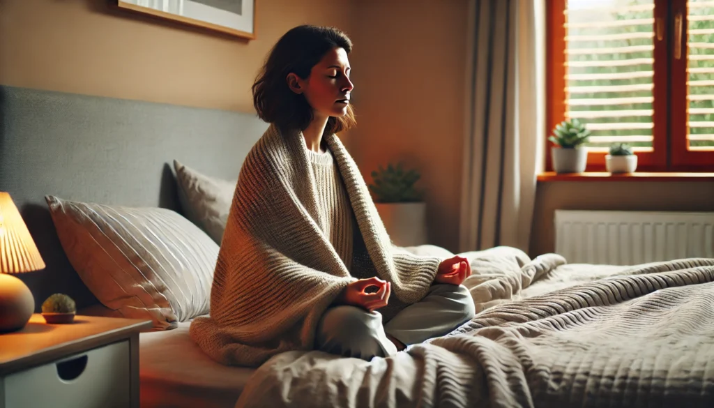 A person sitting in a quiet bedroom, wrapping themselves in a cozy blanket, practicing mindfulness meditation to calm down from an anxiety attack. The individual is sitting cross-legged on the bed, eyes closed, and breathing deeply. The room has soft lighting, warm neutral colors, and a peaceful atmosphere.