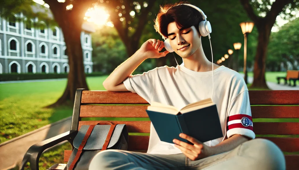 A relaxed university student sitting on a park bench, reading a book and listening to music, surrounded by nature. This image showcases self-care and balance as healthy coping strengths for academic stress.