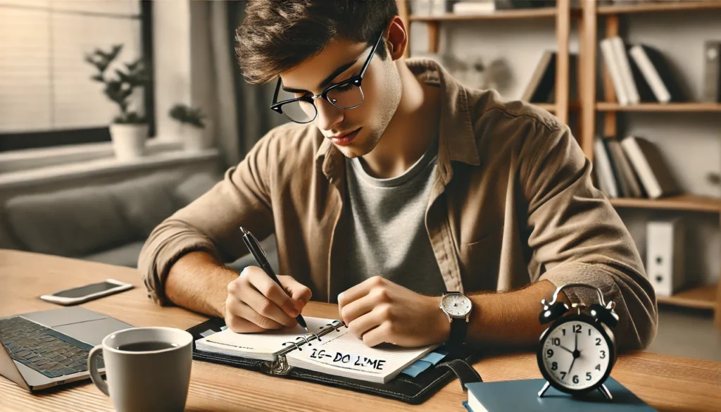 A student writing in a well-organized planner at a tidy desk with a cup of tea, symbolizing productivity and stress reduction. This image represents healthy coping strengths for academic stress through organization and planning.