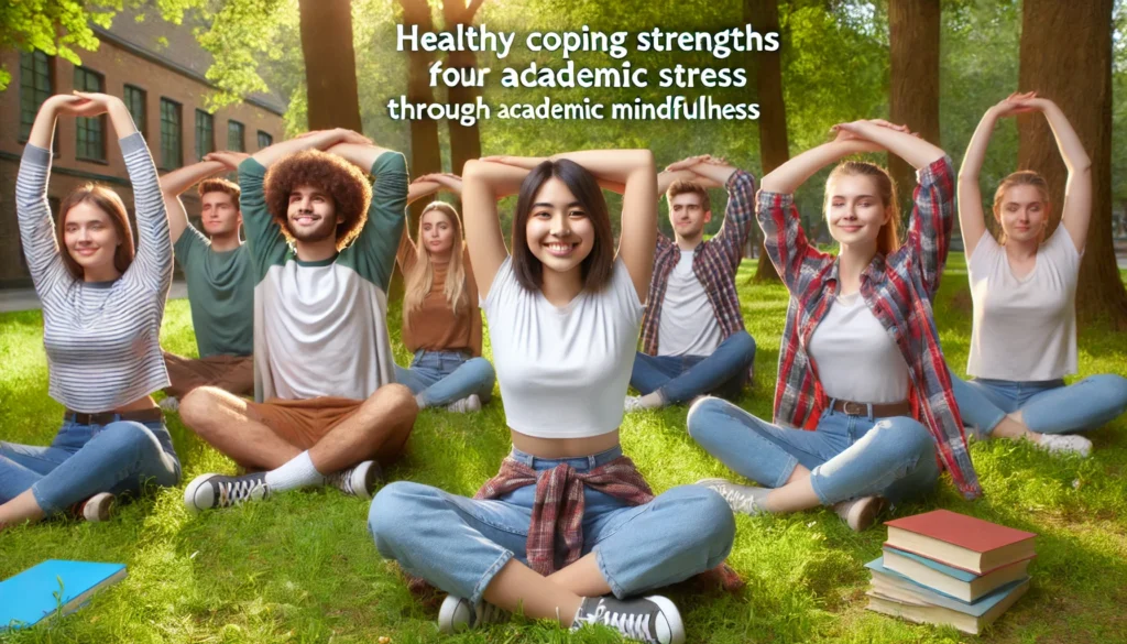 A group of students practicing mindfulness and light stretching in a calm outdoor setting, surrounded by trees. This image highlights physical activity as a healthy coping strength for academic stress.