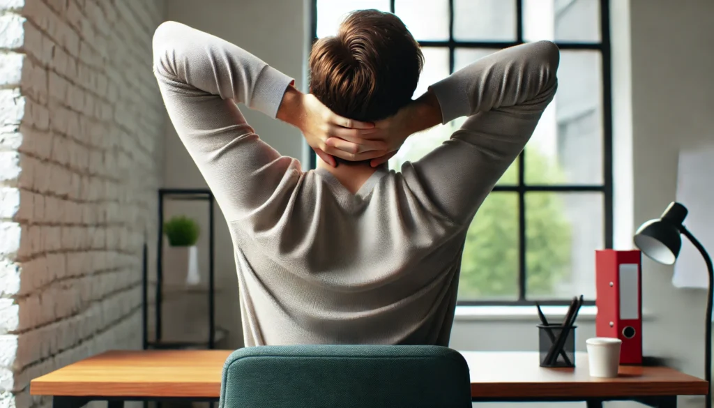 A person stretching their neck and shoulders in an office setting to reduce muscle tension.
