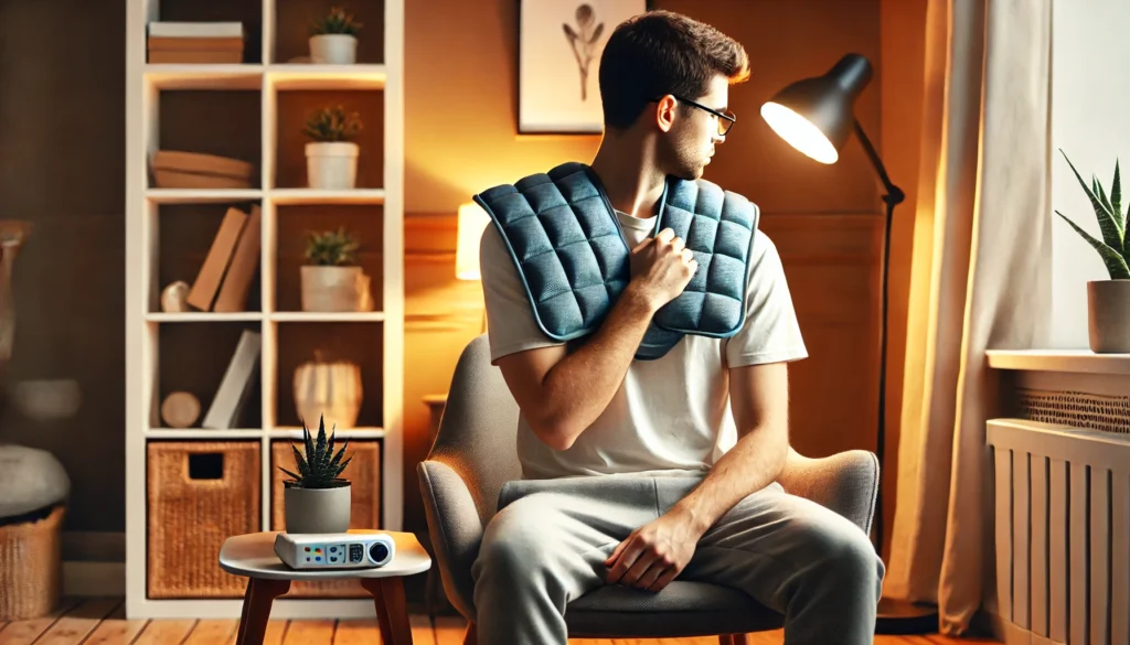 A person sitting on a chair with a heating pad on their shoulders in a cozy home environment.
