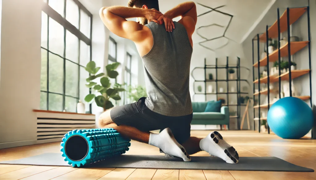 A person using a foam roller on their back to relieve muscle tension in a home gym.
