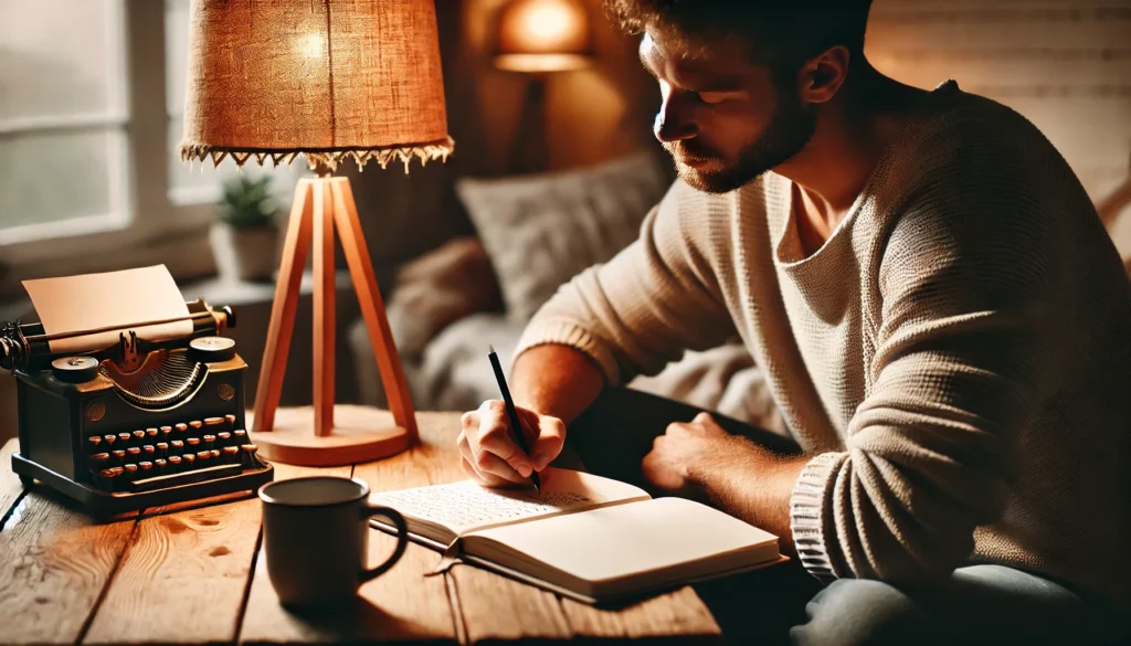 A person journaling their thoughts and emotions as a therapeutic technique for anxiety. They are sitting at a wooden desk with a cozy lamp, writing in a notebook with a focused yet relaxed expression. The setting is warm and inviting, with a cup of tea beside them.