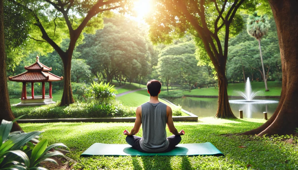 A person practicing mindfulness meditation in a peaceful outdoor setting. They are sitting on a yoga mat in a lush green park, eyes closed, with a relaxed posture. The environment is serene with sunlight filtering through the trees.