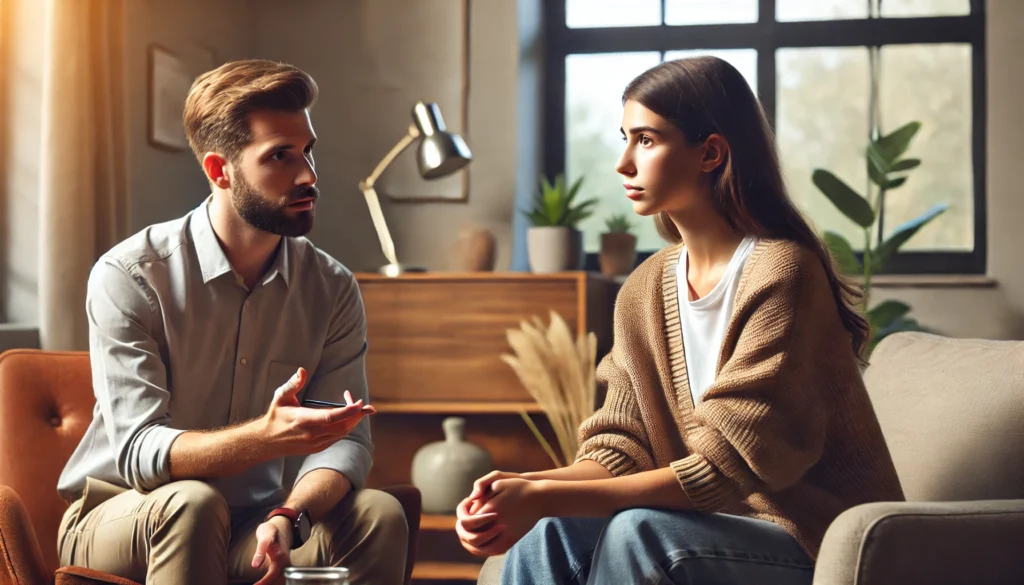 A therapist guiding a client through cognitive-behavioral therapy in a modern counseling office. The therapist is attentively listening while the client speaks, expressing emotions and concerns. The setting is warm and inviting, with soft lighting and comfortable seating.