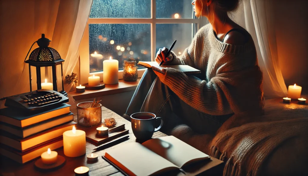 Evening Reflection and Journaling – A cozy corner setting where a person journals their thoughts near a softly lit window. A warm cup of tea, candles, and books create a comforting atmosphere, emphasizing self-reflection, self-care, and anxiety relief.