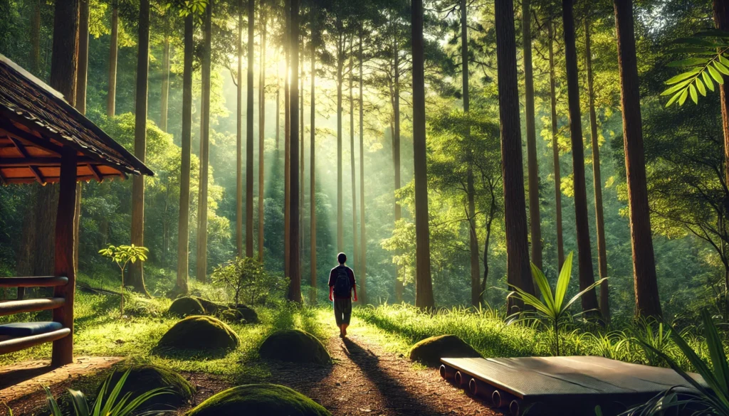 Mindful Walking in Nature – A person taking slow, deliberate steps through a sunlit forest, practicing mindful walking. Tall trees filter sunlight, casting a dappled pattern on the ground, symbolizing the grounding effect of nature and its role in reducing anxiety.