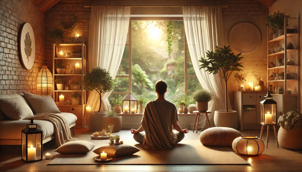 Cozy Indoor Meditation – A person meditating in a warmly lit room filled with calming elements such as plants, candles, and soft furnishings. A large window opens to a peaceful garden, enhancing the atmosphere of self-care, inner peace, and anxiety relief.