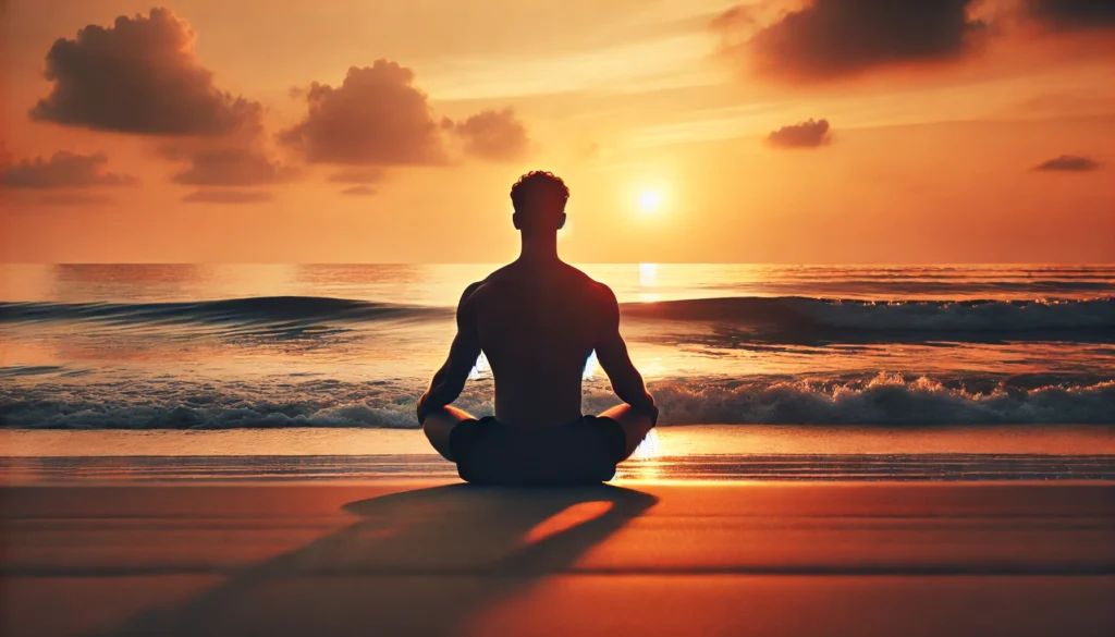 Deep Breathing for Stress Relief – A peaceful beach setting where a person sits cross-legged, practicing deep breathing exercises at sunset. The warm hues of the sky blend into the ocean, creating a tranquil atmosphere. The image represents mindfulness, stress reduction, and the calming effects of controlled breathing.