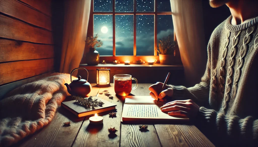 Journaling for Self-Reflection – A peaceful evening setting of a person journaling at a wooden desk with a cup of herbal tea beside them. The warm glow of a lamp, a cozy blanket, and a serene night sky visible through the window create a calming atmosphere, symbolizing stress relief through writing and gratitude.