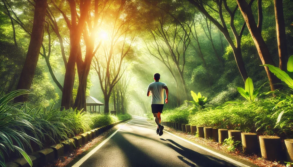 Exercise for Stress Reduction – A refreshing outdoor scene of a person jogging along a scenic trail surrounded by lush greenery. Sunlight filters through the trees, and the individual appears energized, highlighting the power of physical activity in lowering stress and improving well-being.