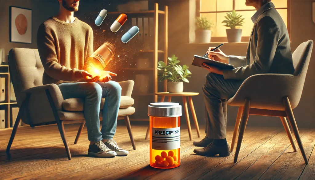 Holistic Mental Health Treatment – A person sitting in a cozy therapy office, holding both a prescription pill bottle and a journal, while a therapist offers guidance. The scene conveys the integration of medication and therapy for a comprehensive approach to mental health.