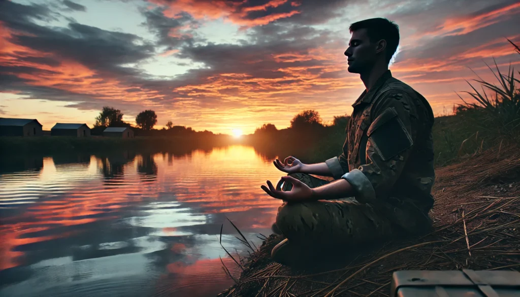 Meditation and Inner Peace – A soldier sits by a lake at sunset, meditating with eyes closed. The calm water and warm colors of the sky create a tranquil atmosphere, symbolizing mindfulness, emotional healing, and overcoming combat fatigue through relaxation techniques.