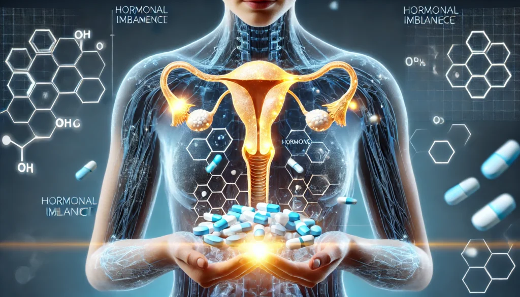 Endocrine System and Hormonal Balance – A medical-themed image illustrating the effects of hormonal medication. A glowing representation of the human endocrine system is overlaid with floating hormone tablets, symbolizing treatment effectiveness and overall well-being.