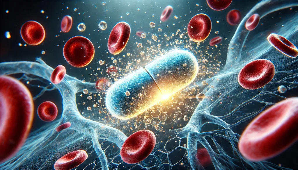 Hormonal Tablets Dissolving in the Bloodstream – A futuristic concept showing a pill breaking apart, releasing glowing particles into the bloodstream. The visual highlights the absorption and effect of hormonal imbalance medication on the body.