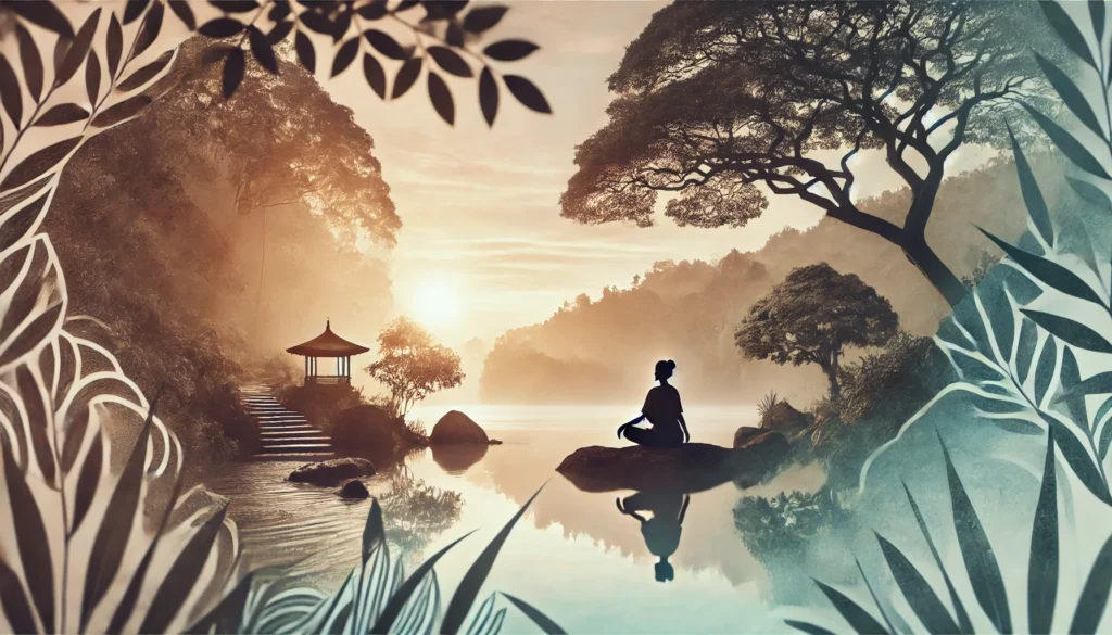 Yoga and Physical Activity for Hormonal Health – A serene outdoor setting at sunrise where a woman is practicing yoga. The calm natural surroundings and soft lighting symbolize stress reduction and hormone balance through holistic approaches like physical activity.