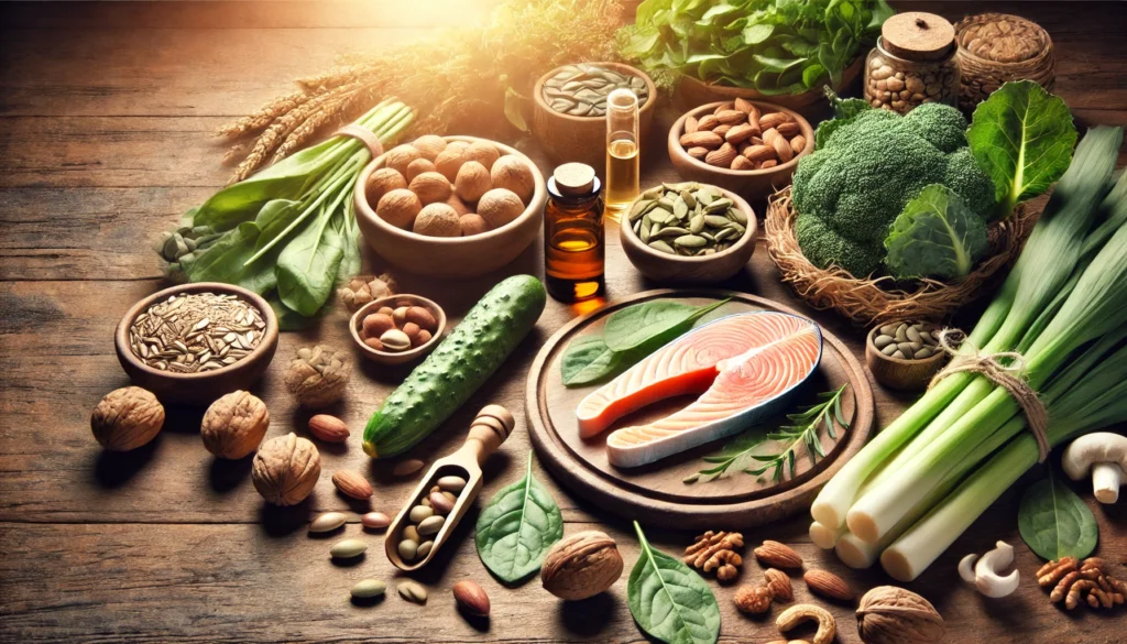 Dietary Approach to Hormonal Balance – A wooden table filled with fresh organic foods rich in hormone-balancing properties, including leafy greens, nuts, seeds, and salmon. Warm lighting enhances the natural wellness theme, symbolizing dietary adjustments for hormone health.