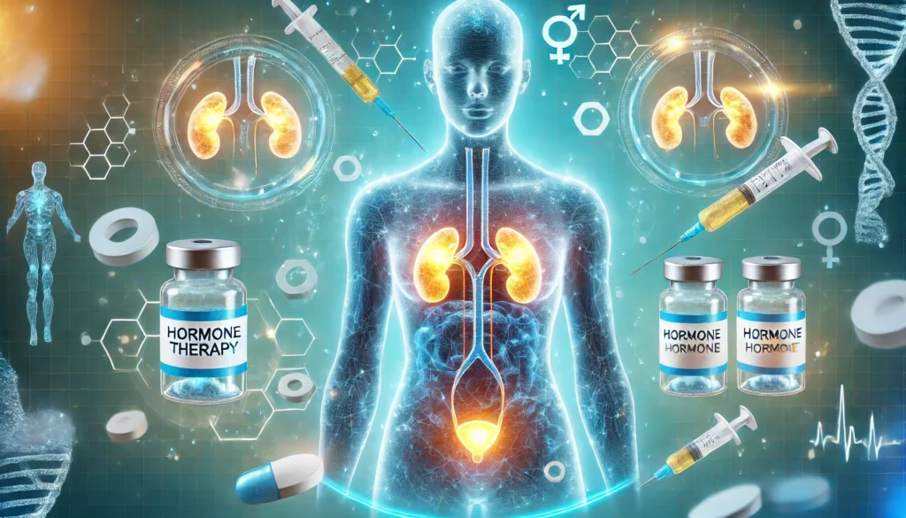 Hormone Therapy and Endocrine Health – A futuristic medical concept illustrating hormone therapy. A glowing human silhouette with highlighted endocrine glands is surrounded by floating hormone tablets and injections. A soft blue medical interface in the background represents advanced hormonal treatments.