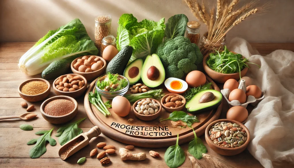 Dietary Support for Progesterone Production – A wooden table displaying foods rich in progesterone-supporting nutrients, including avocados, nuts, seeds, eggs, and leafy greens. Soft natural lighting highlights the importance of diet in hormonal balance.