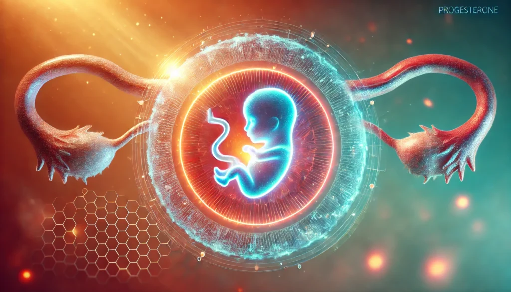 Progesterone’s Role in Pregnancy – A futuristic medical concept showing a glowing embryo inside the womb, surrounded by a protective hormonal aura. The warm background represents progesterone’s support for fetal development and maternal health.