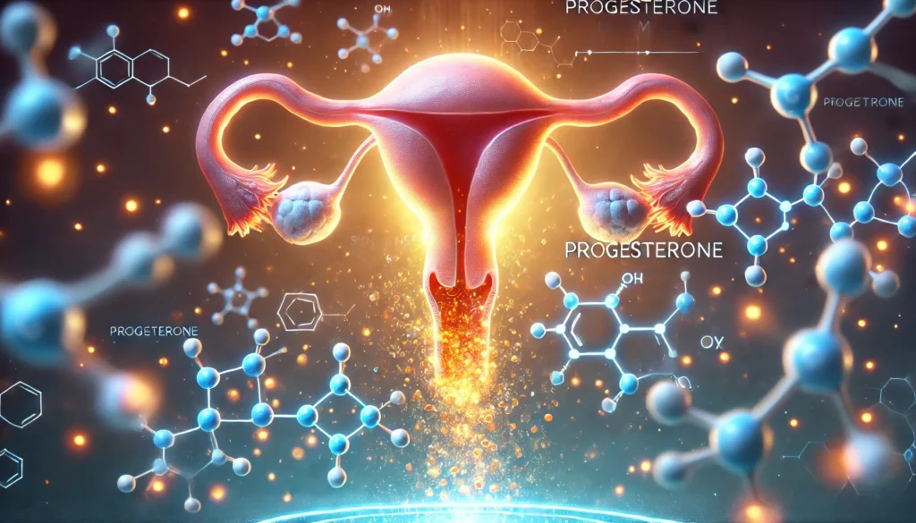 Progesterone Hormone Synthesis Concept – A conceptual medical illustration of an ovary releasing progesterone, represented by floating molecular structures. The soft gradient of blue and gold tones conveys hormonal balance and reproductive health.