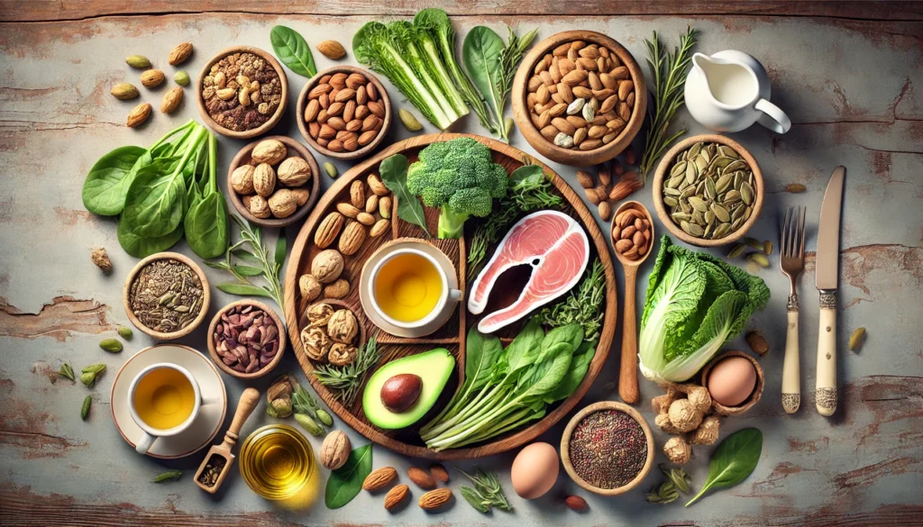 Holistic Nutrition for Menstrual Health – A wooden table with a variety of whole foods, including leafy greens, nuts, seeds, healthy fats like avocado and olive oil, and lean protein. A teacup with herbal tea sits beside the food, symbolizing natural hormone support and menstrual wellness.