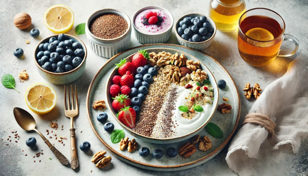 Hormone-Supportive Breakfast for Menstrual Cycle Balance – A beautifully plated breakfast featuring flaxseed oatmeal, Greek yogurt with fresh berries, walnuts, and herbal tea. The bright and airy setting with natural light highlights the importance of morning nutrition for hormonal health.